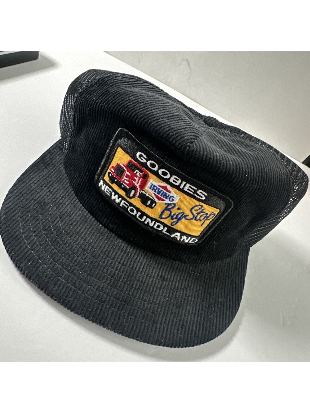 Goobies Big Stop Newfoundland Trucker Hat Black Corduroy Mesh Snapback Vintage